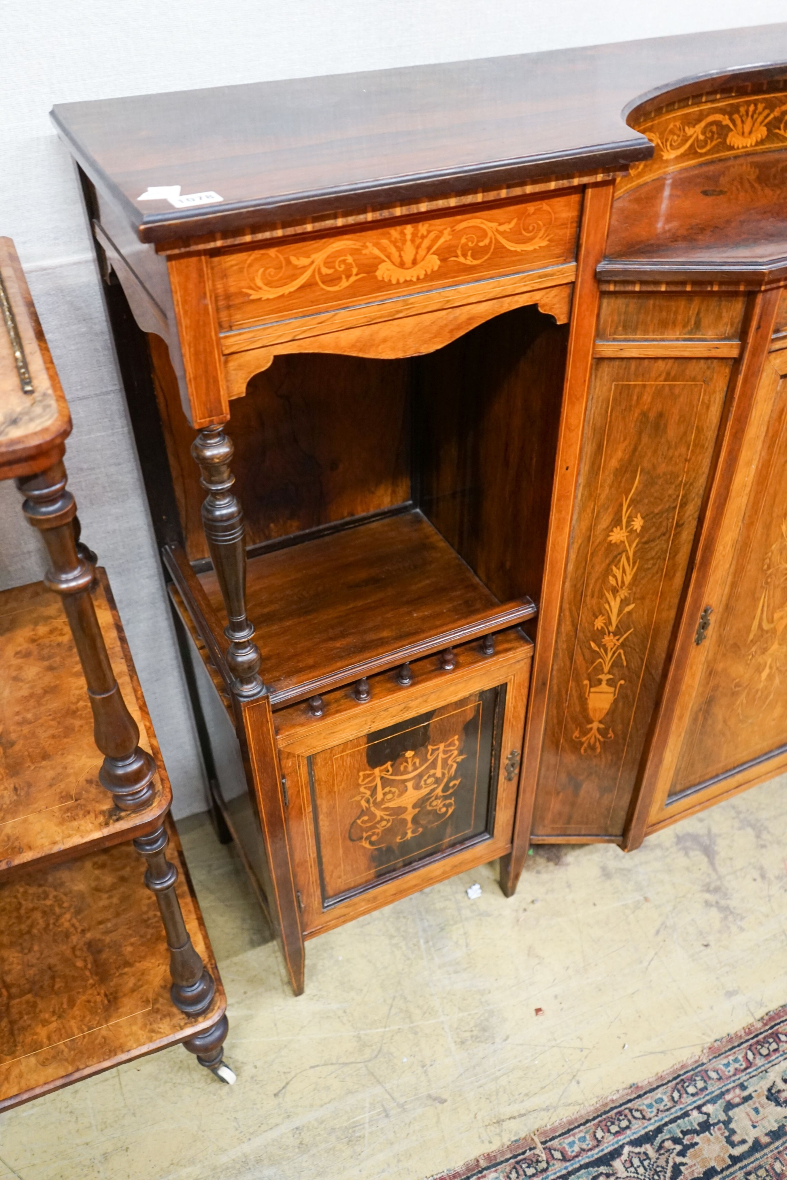 A late Victorian marquetry inlaid rosewood side cabinet, width 136cm, depth 39cm, height 104cm